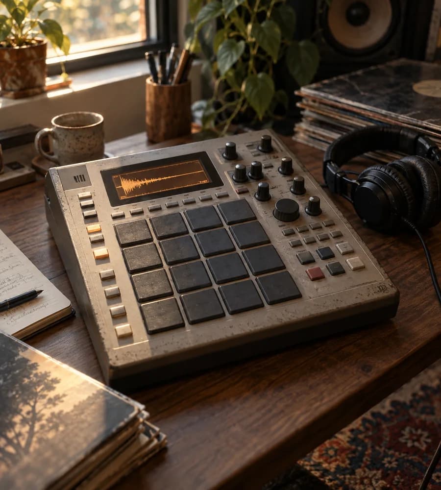 A sixteen-pad sampler and headphones on a wooden studio desk