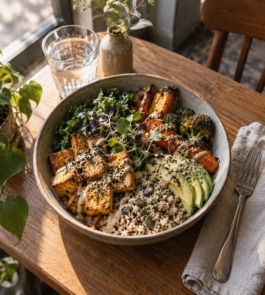 A vegan bowl with crispy tofu, vegetables, avocado, and quinoa
